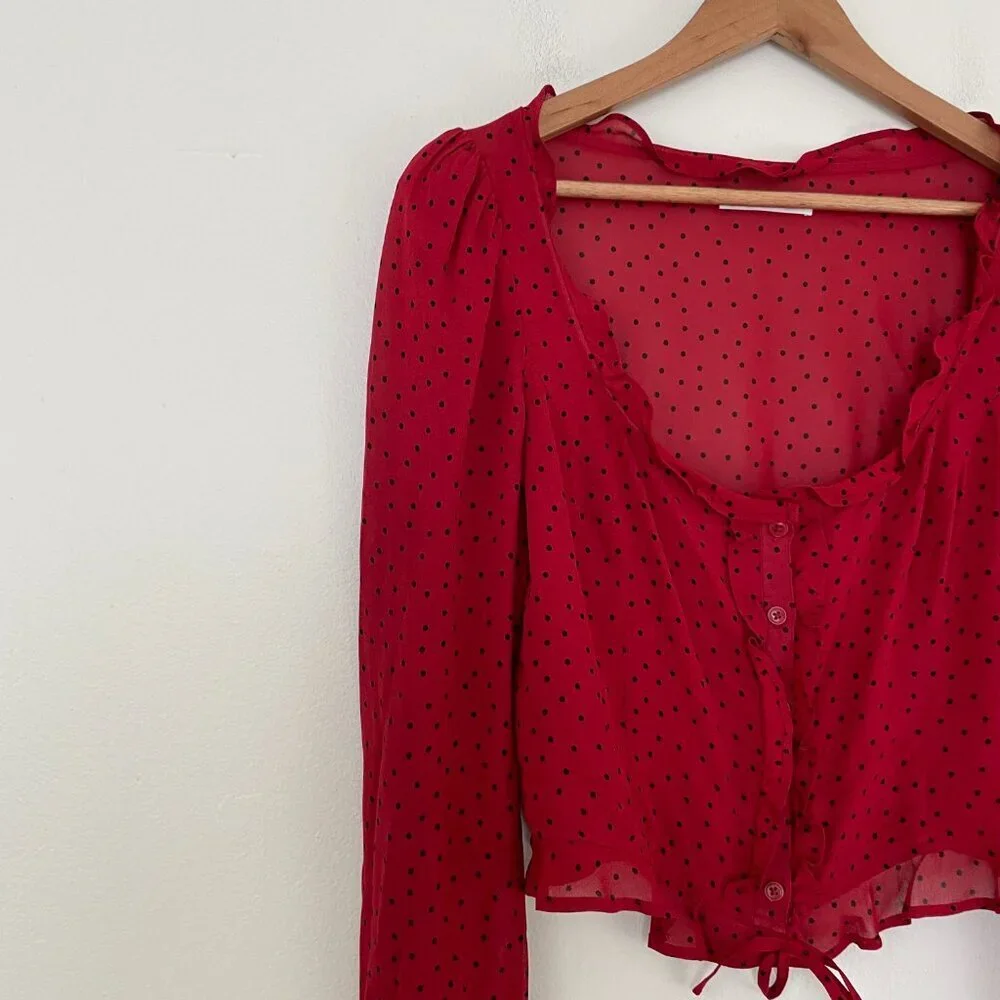 Reformation Italia Red & Black Polka Dot Ruffle Top Size 6